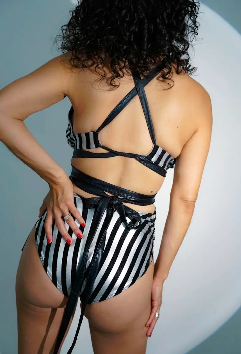 Black and silver striped metallic monokini back with deep V front and structured bust support, made for curvy women by Wild Coconuts
